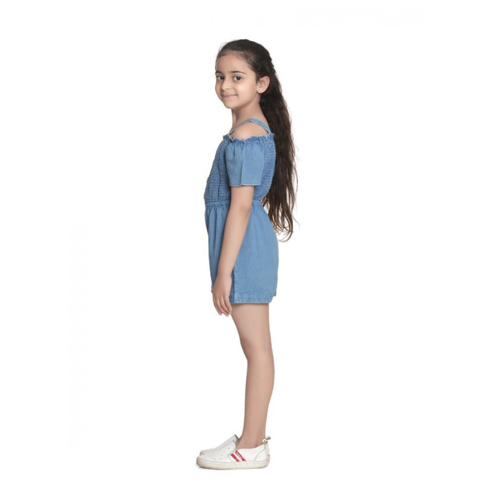 Generic Girl's Rayon Solid Sleeveless Jumpsuit (Blue)