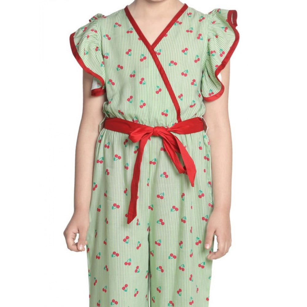 Generic Girl's Rayon Printed Flutter Jumpsuit (Green)