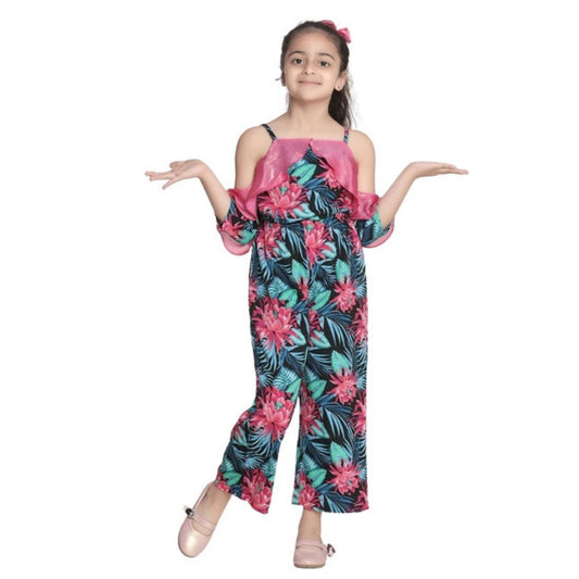 Generic Girl's Polyester Floral Cold Shoulder Jumpsuit (Pink)