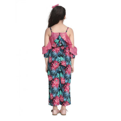 Generic Girl's Polyester Floral Cold Shoulder Jumpsuit (Pink)