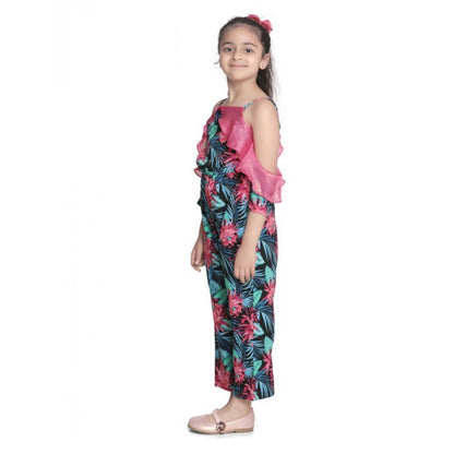 Generic Girl's Polyester Floral Cold Shoulder Jumpsuit (Pink)