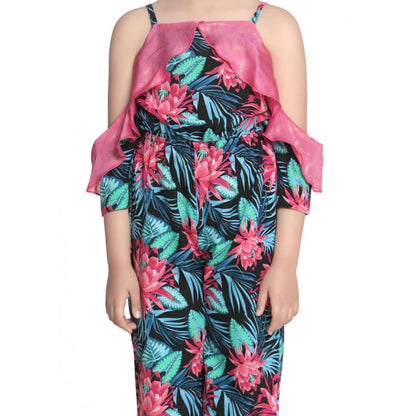 Generic Girl's Polyester Floral Cold Shoulder Jumpsuit (Pink)