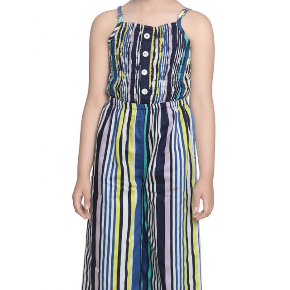 Generic Girl's Rayon Striped Sleeveless Jumpsuit (Blue)