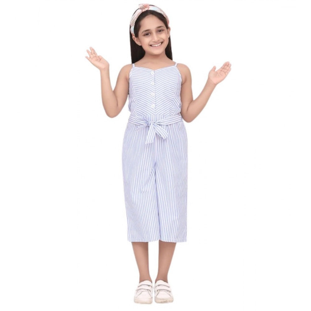 Generic Girl's Polyester Cotton Blend Striped Sleeveless Jumpsuit (Light Blue)