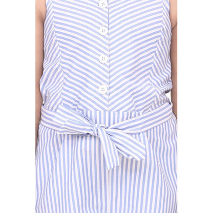 Generic Girl's Polyester Cotton Blend Striped Sleeveless Jumpsuit (Light Blue)