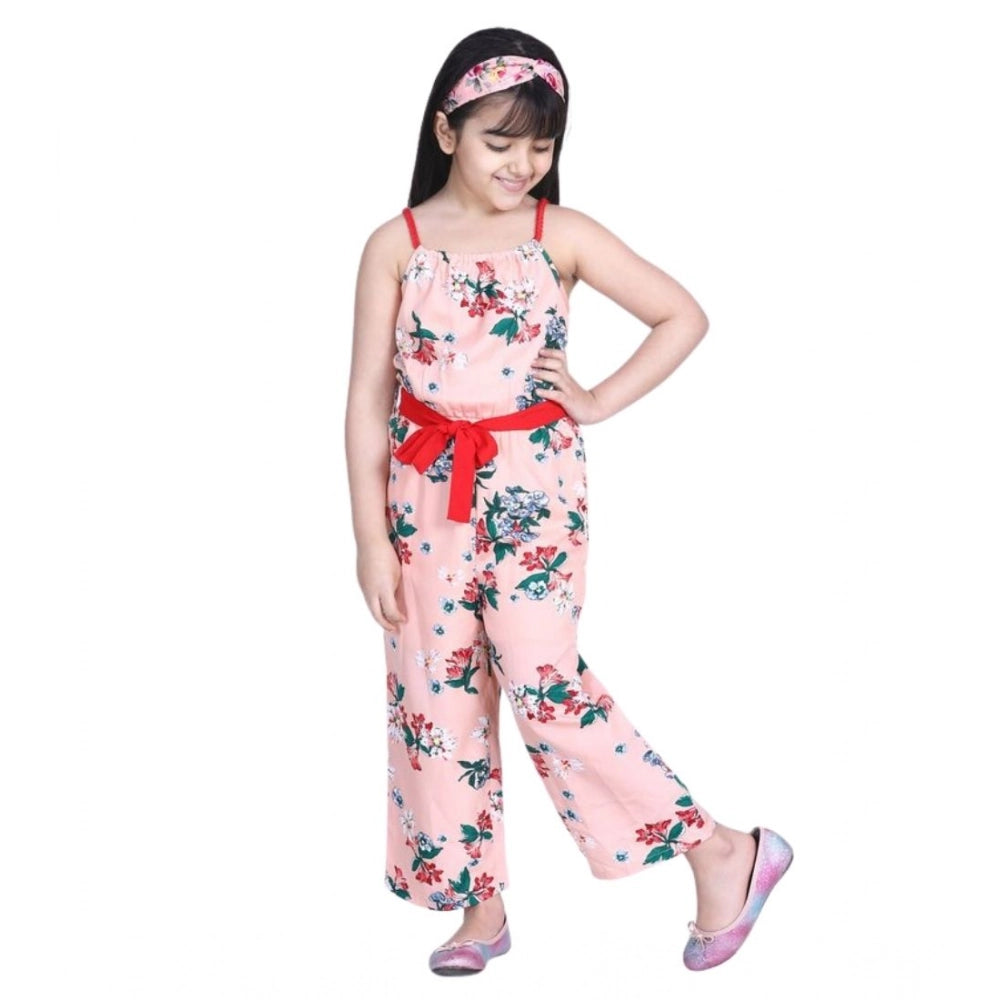 Generic Girl's Polyester Crepe Floral Shoulder Straps Jumpsuit (Peach-Red)