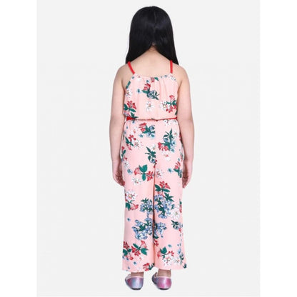 Generic Girl's Polyester Crepe Floral Shoulder Straps Jumpsuit (Peach-Red)