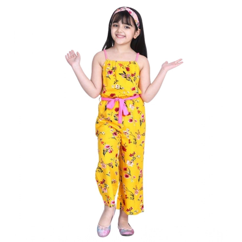 Generic Girl's Polyester Crepe Floral Shoulder Straps Jumpsuit (Yellow-Pink)