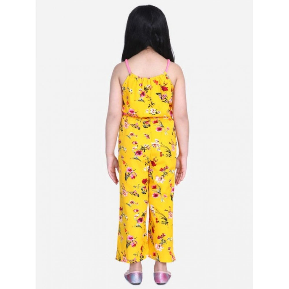 Generic Girl's Polyester Crepe Floral Shoulder Straps Jumpsuit (Yellow-Pink)