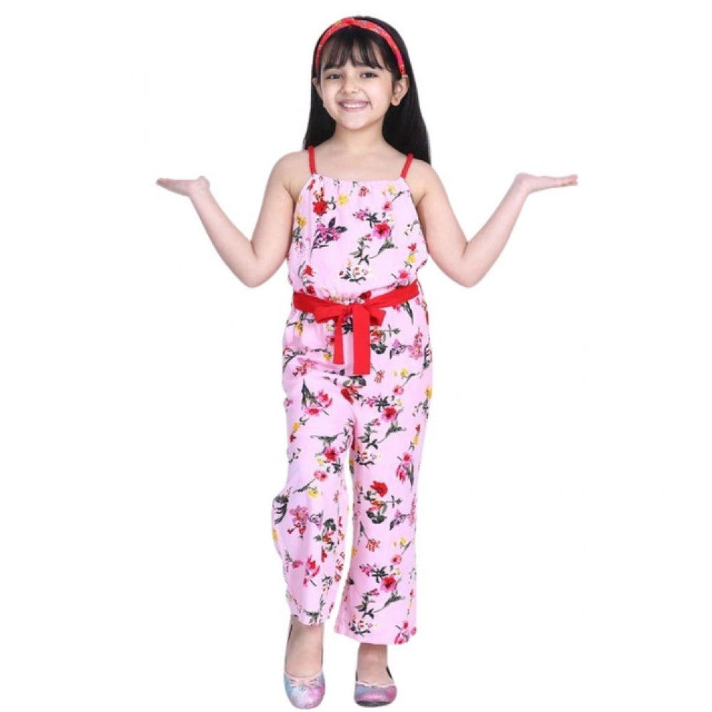 Generic Girl's Polyester Crepe Floral Shoulder Straps Jumpsuit (Pink-Red)