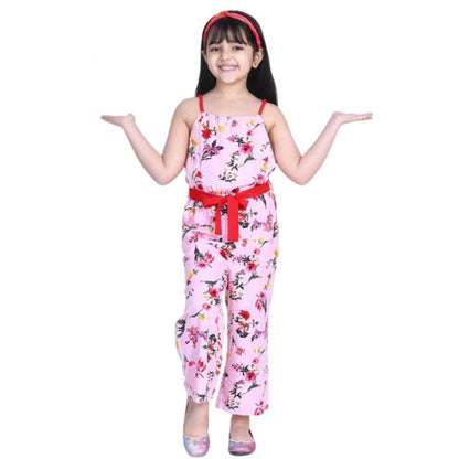 Generic Girl's Polyester Crepe Floral Shoulder Straps Jumpsuit (Pink-Red)