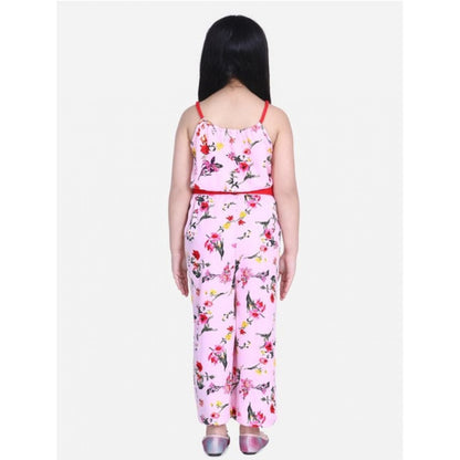 Generic Girl's Polyester Crepe Floral Shoulder Straps Jumpsuit (Pink-Red)