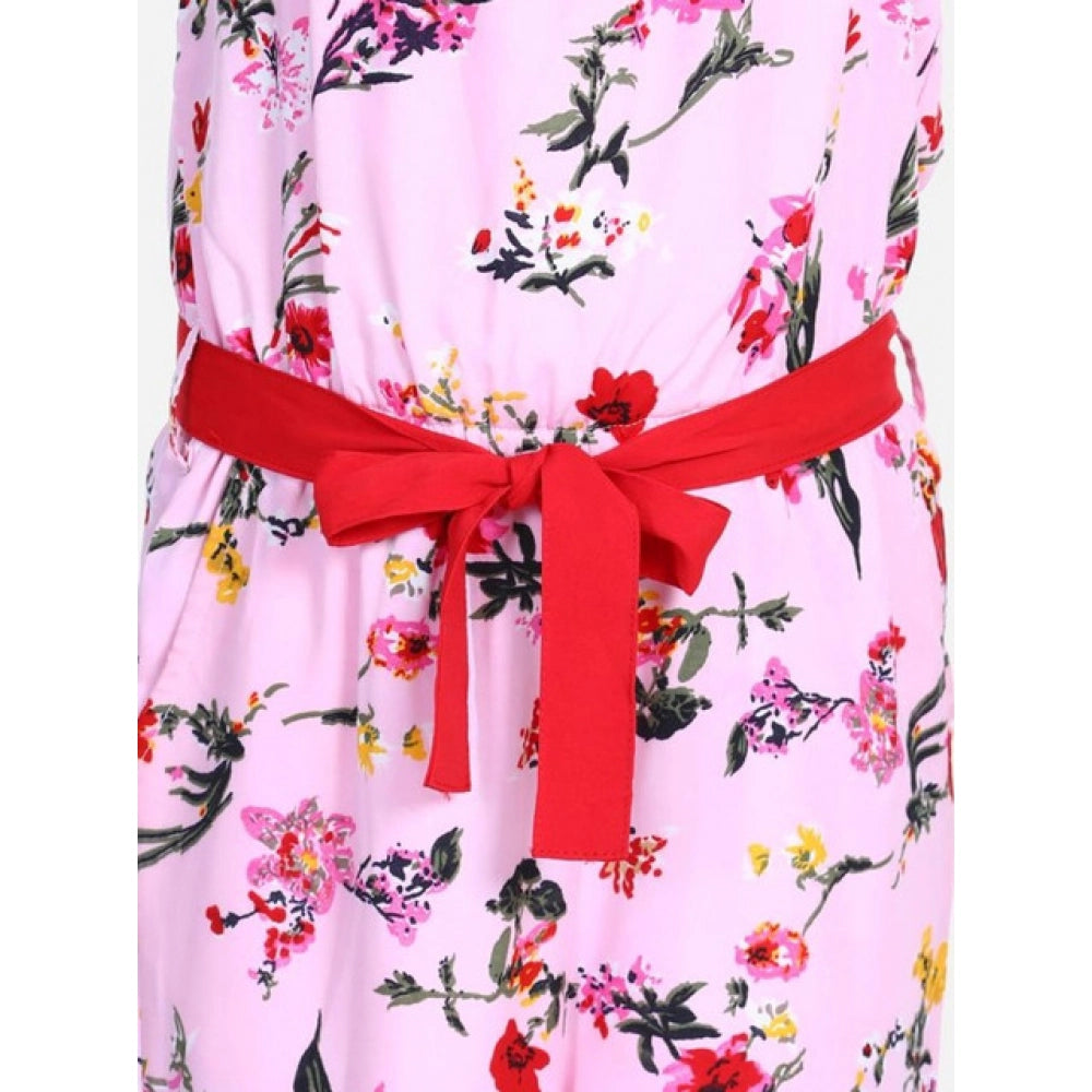 Generic Girl's Polyester Crepe Floral Shoulder Straps Jumpsuit (Pink-Red)