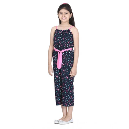 Generic Girl's Rayon Flamingo Print Sleeveless Jumpsuit (Black-Pink)