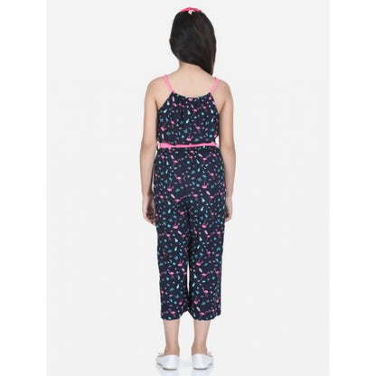 Generic Girl's Rayon Flamingo Print Sleeveless Jumpsuit (Black-Pink)