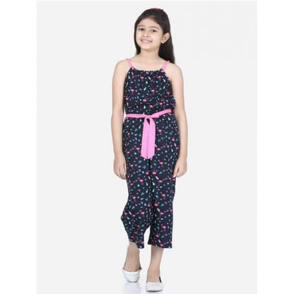 Generic Girl's Rayon Flamingo Print Sleeveless Jumpsuit (Black-Pink)