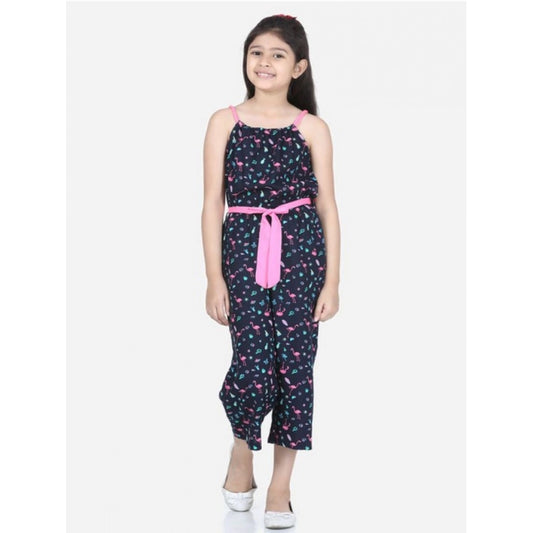 Generic Girl's Rayon Flamingo Print Sleeveless Jumpsuit (Black-Pink)