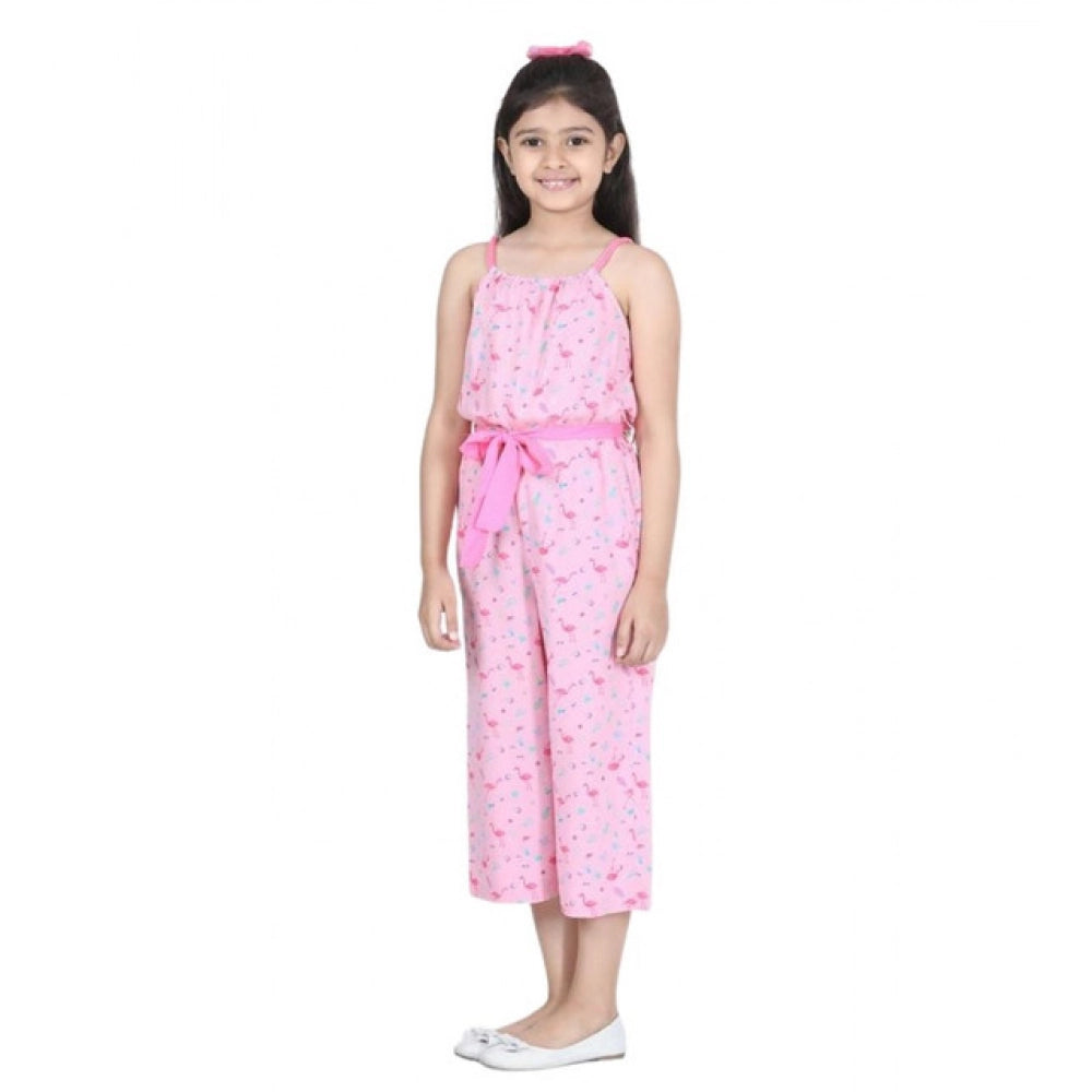 Generic Girl's Rayon Flamingo Print Sleeveless Jumpsuit (Pink)