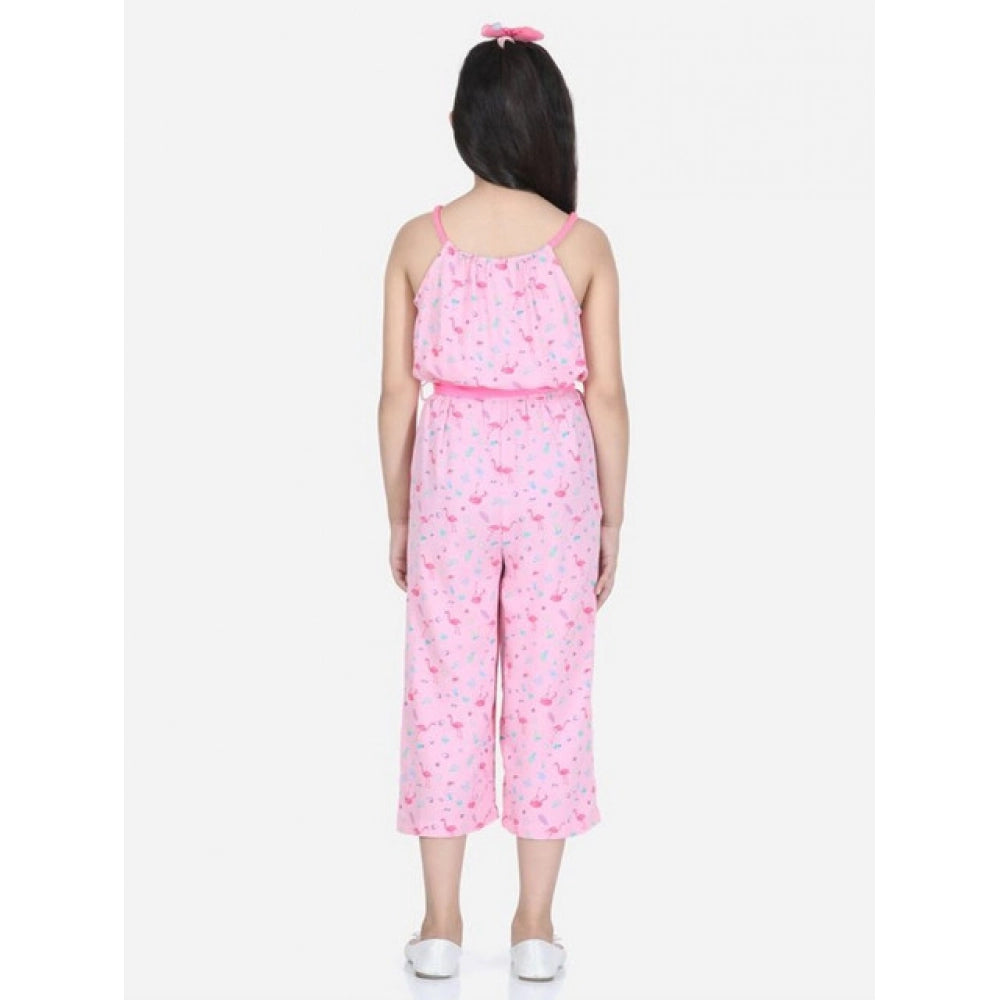 Generic Girl's Rayon Flamingo Print Sleeveless Jumpsuit (Pink)