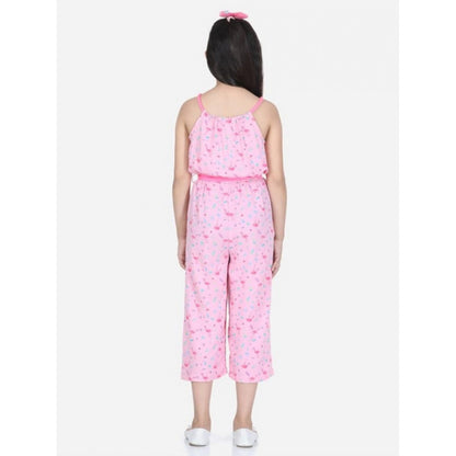 Generic Girl's Rayon Flamingo Print Sleeveless Jumpsuit (Pink)