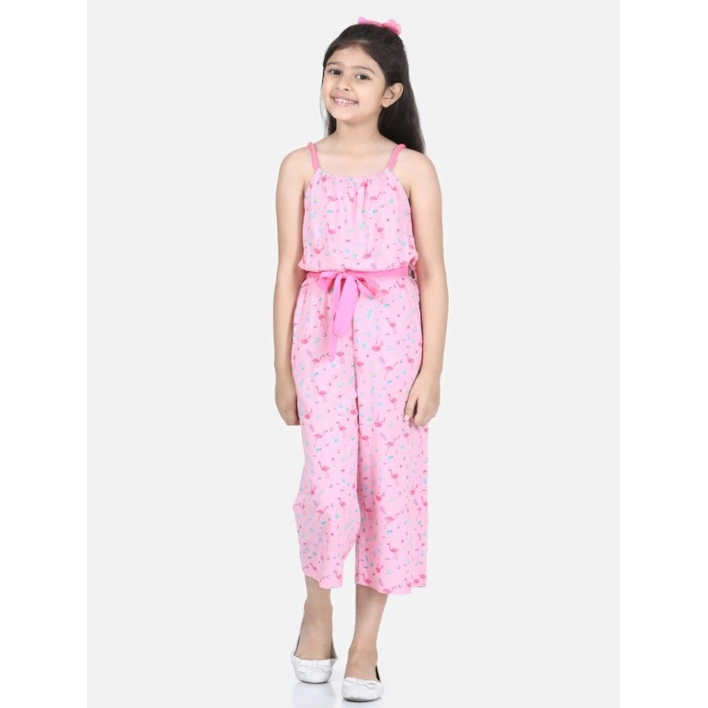 Generic Girl's Rayon Flamingo Print Sleeveless Jumpsuit (Pink)