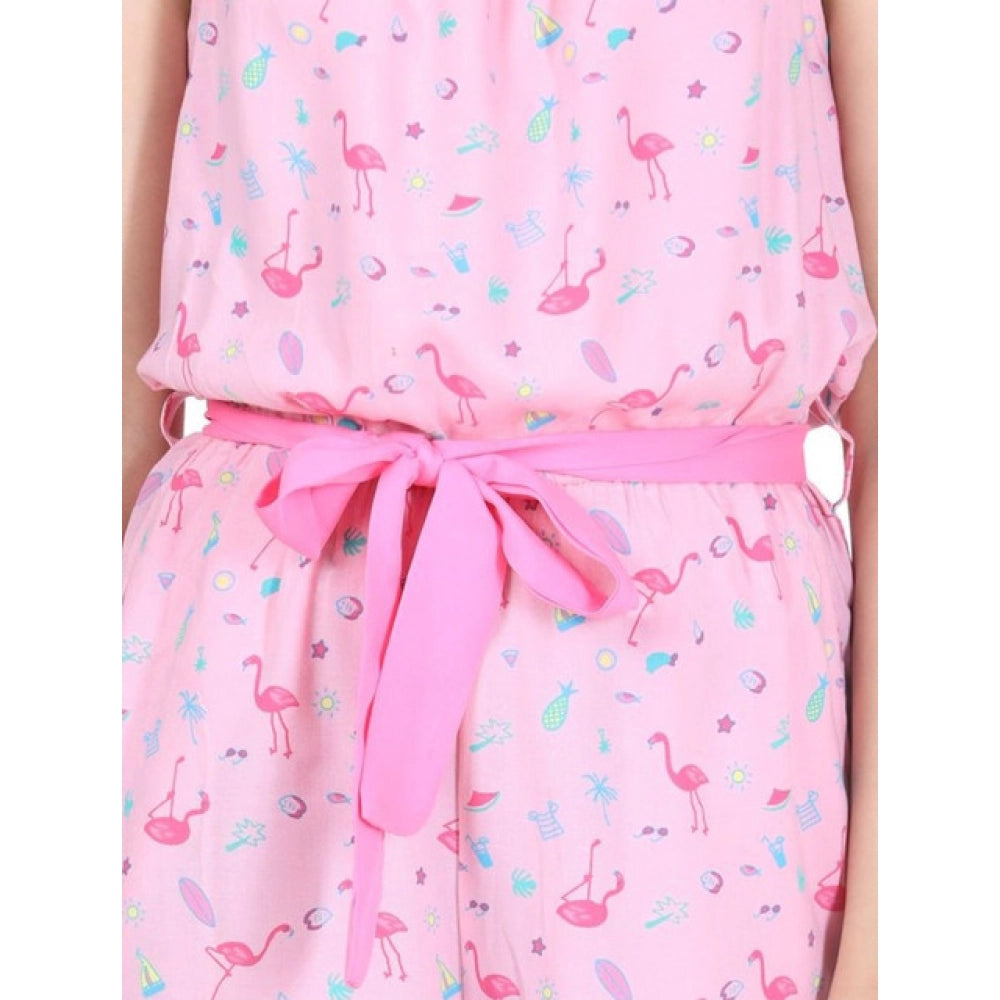 Generic Girl's Rayon Flamingo Print Sleeveless Jumpsuit (Pink)