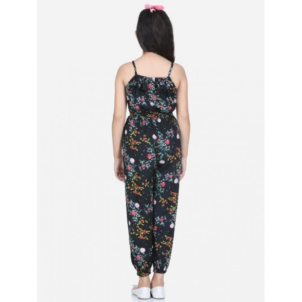 Generic Girl's Rayon Flamingo Print Sleeveless Jumpsuit (Black-Multicolor)