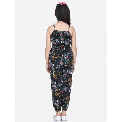 Generic Girl's Rayon Flamingo Print Sleeveless Jumpsuit (Black-Multicolor)