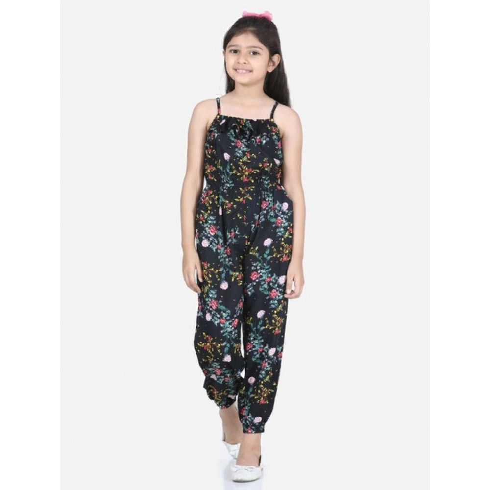 Generic Girl's Rayon Flamingo Print Sleeveless Jumpsuit (Black-Multicolor)