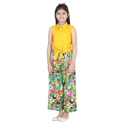 Generic Girl's Rayon Flamingo Print Sleeveless Jumpsuit (Yellow-Multicolor)