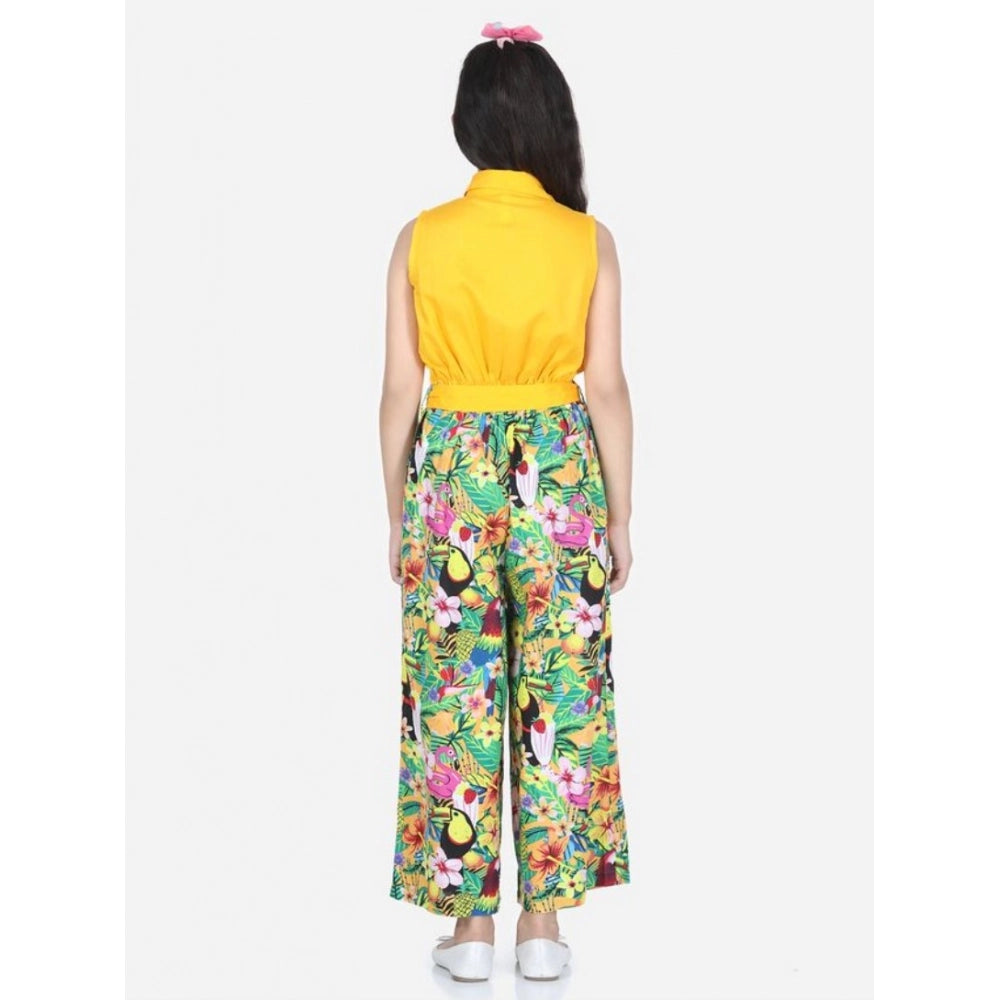Generic Girl's Rayon Flamingo Print Sleeveless Jumpsuit (Yellow-Multicolor)