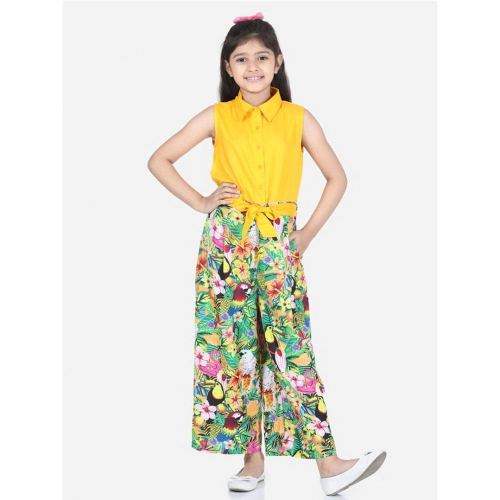 Generic Girl's Rayon Flamingo Print Sleeveless Jumpsuit (Yellow-Multicolor)