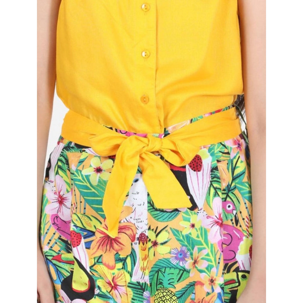 Generic Girl's Rayon Flamingo Print Sleeveless Jumpsuit (Yellow-Multicolor)