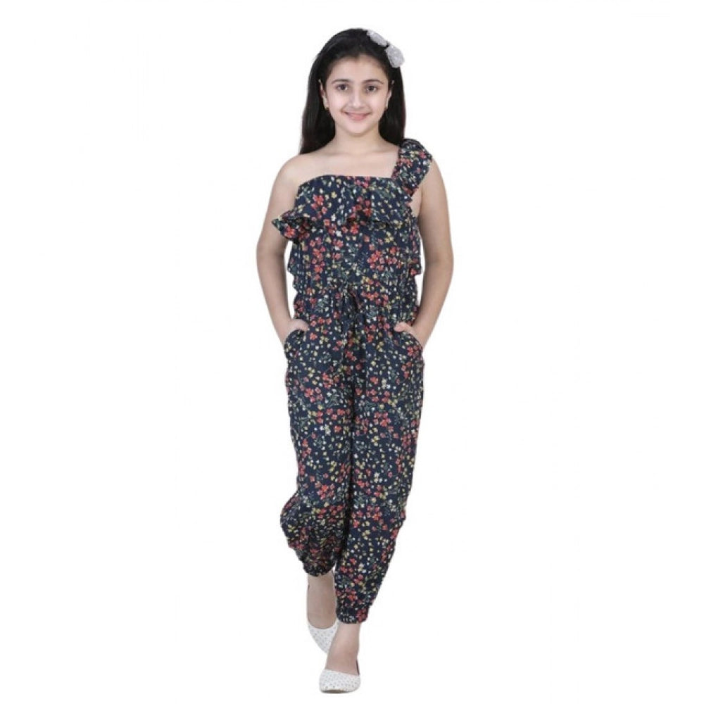 Generic Girl's Polyester Moss Floral Sleeveless Jumpsuit (Multicolor)