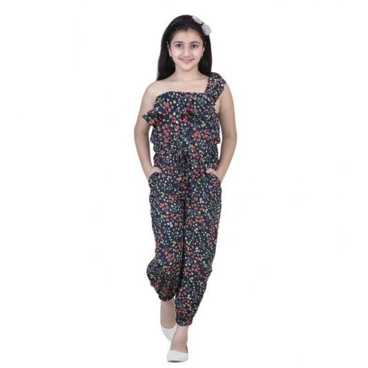 Generic Girl's Polyester Moss Floral Sleeveless Jumpsuit (Multicolor)