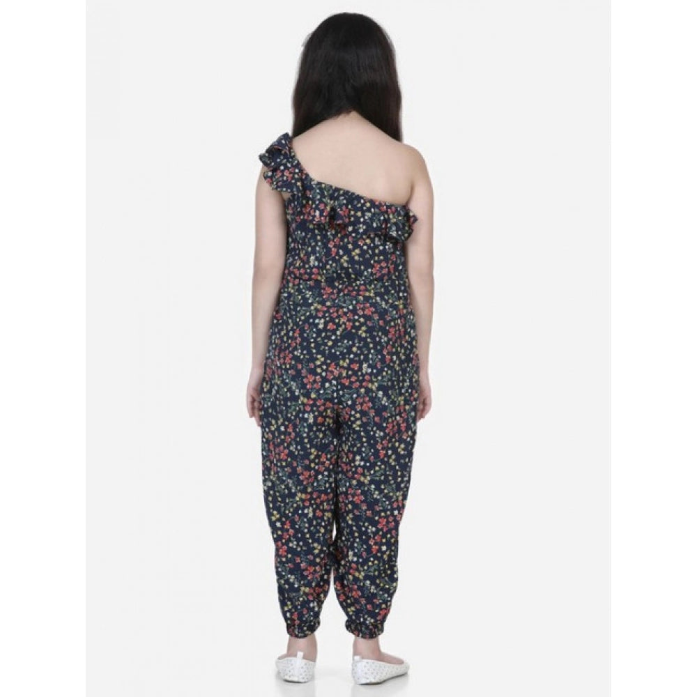 Generic Girl's Polyester Moss Floral Sleeveless Jumpsuit (Multicolor)