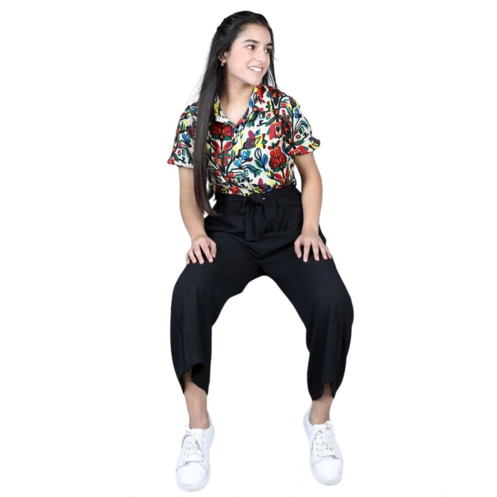 Generic Girl's Polyester Printed Short Sleeves Jumpsuit (Multicolor-Black)