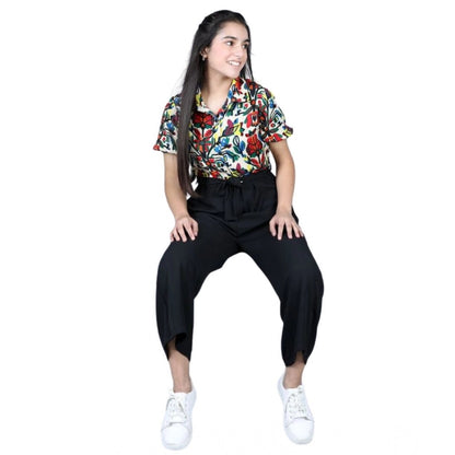 Generic Girl's Polyester Printed Short Sleeves Jumpsuit (Multicolor-Black)