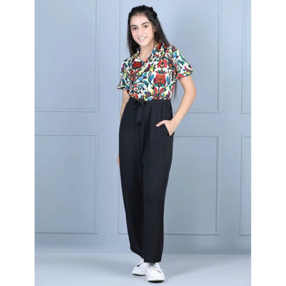 Generic Girl's Polyester Printed Short Sleeves Jumpsuit (Multicolor-Black)