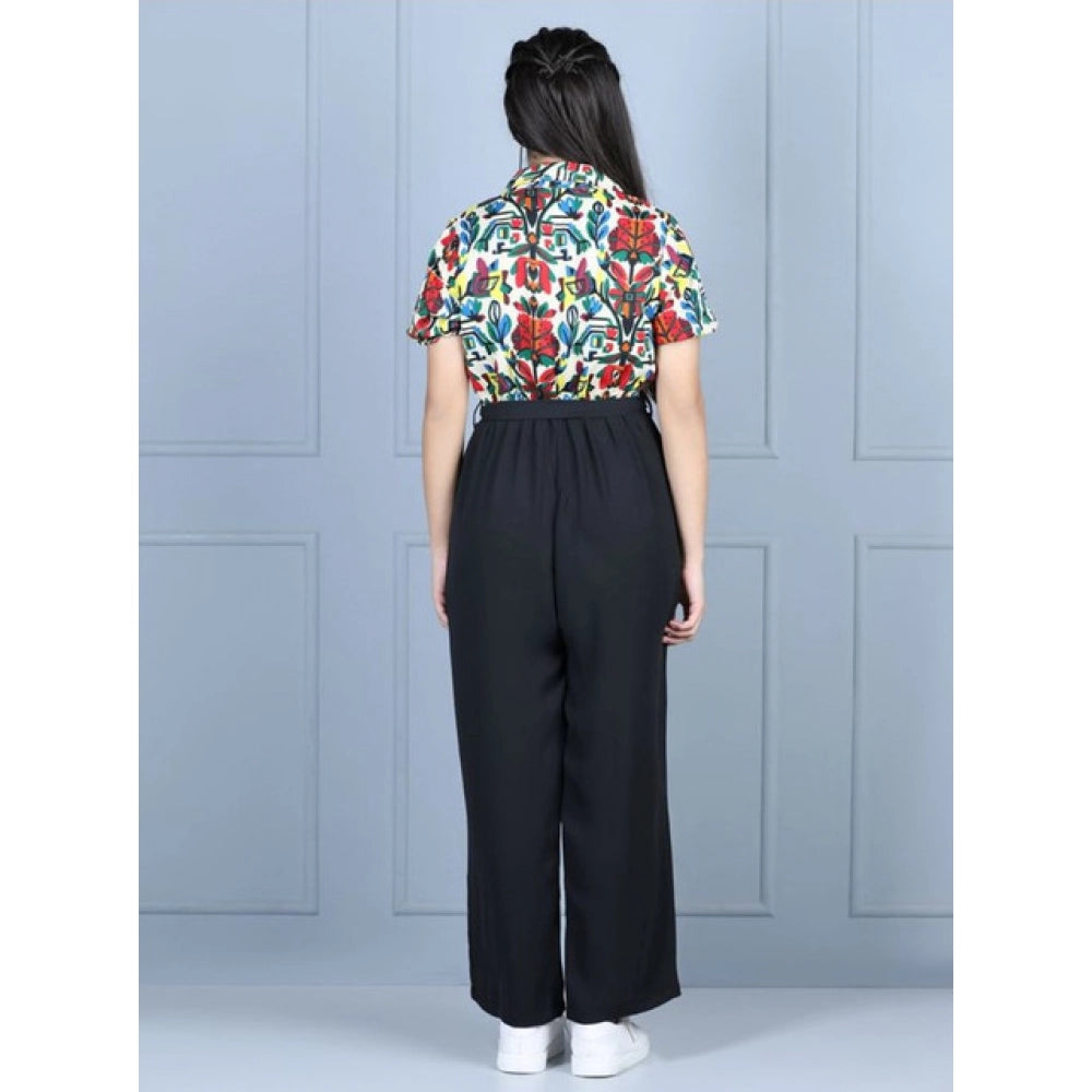 Generic Girl's Polyester Printed Short Sleeves Jumpsuit (Multicolor-Black)