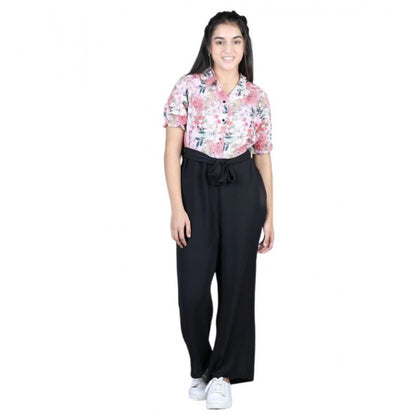 Generic Girl's Polyester Floral Short Sleeves Jumpsuit (White-Black)
