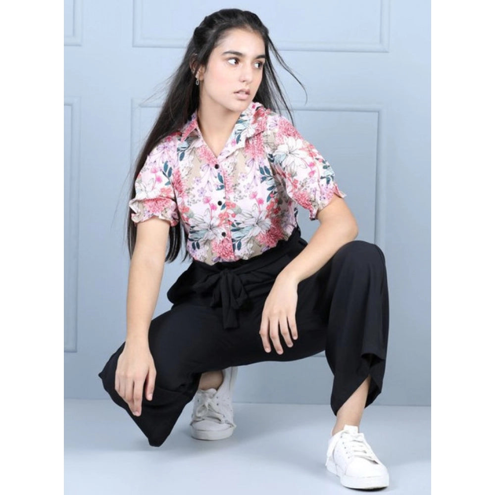 Generic Girl's Polyester Floral Short Sleeves Jumpsuit (White-Black)