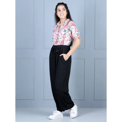 Generic Girl's Polyester Floral Short Sleeves Jumpsuit (White-Black)
