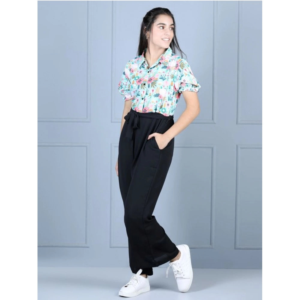 Generic Girl's Polyester Floral Short Sleeves Jumpsuit (Green-Black)