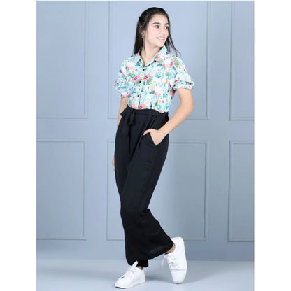 Generic Girl's Polyester Floral Short Sleeves Jumpsuit (Green-Black)