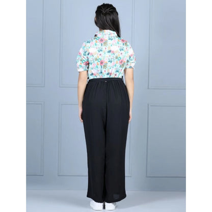 Generic Girl's Polyester Floral Short Sleeves Jumpsuit (Green-Black)
