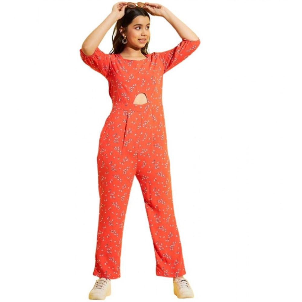Generic Girl's Polyester Floral 3/4th Sleeve Jumpsuit (Coral)