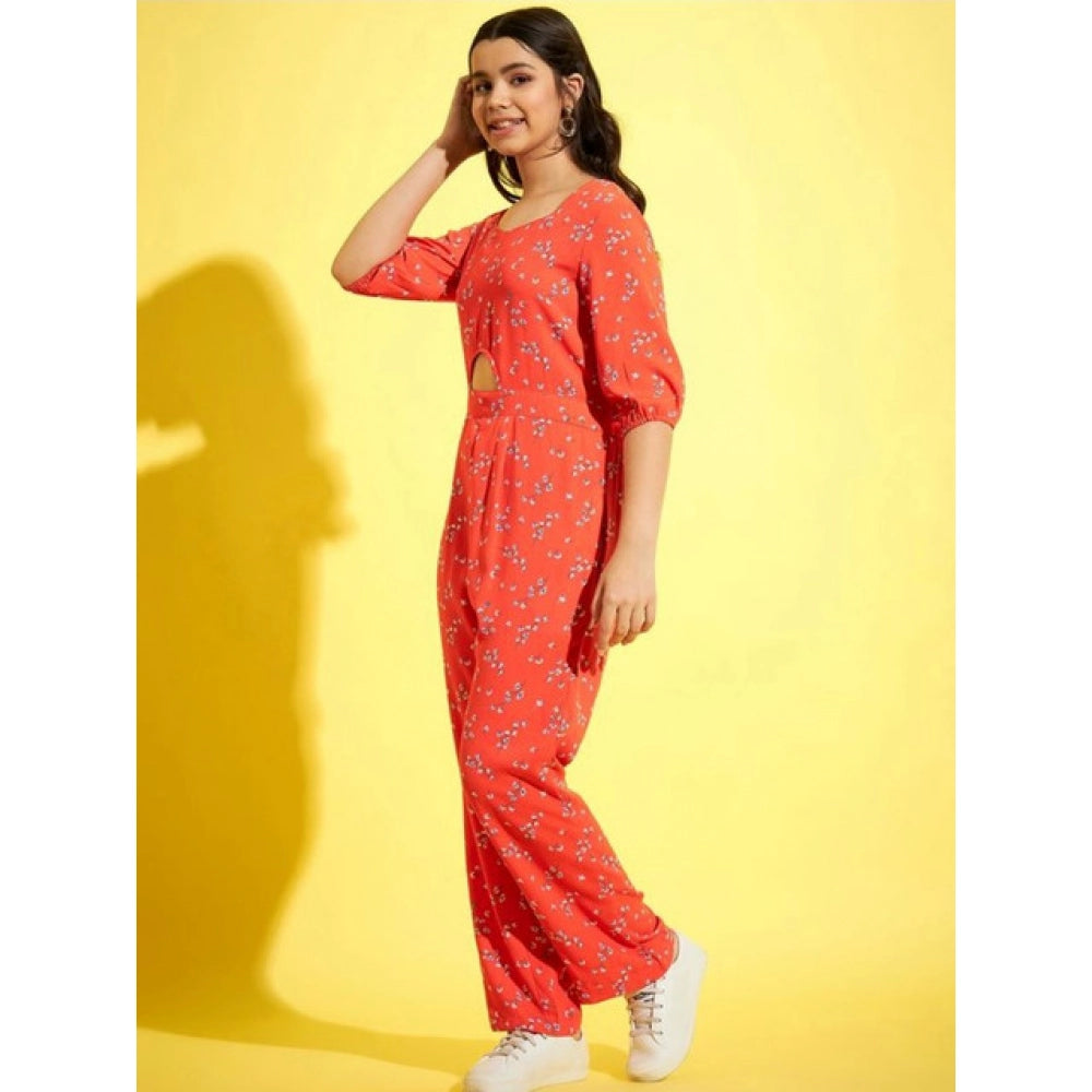 Generic Girl's Polyester Floral 3/4th Sleeve Jumpsuit (Coral)