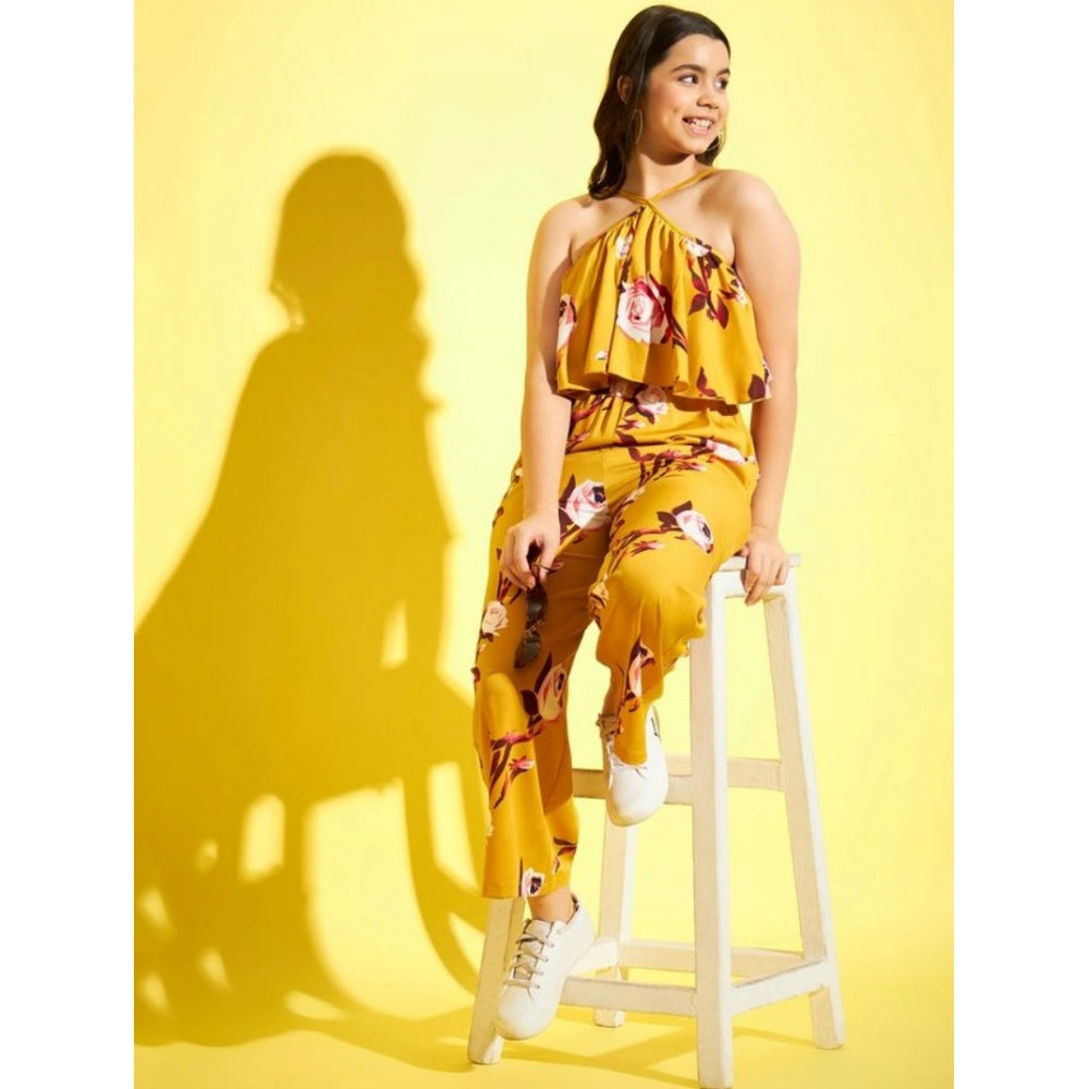 Generic Girl's Polyester Crepe Floral Sleeveless Jumpsuit (Mustard)