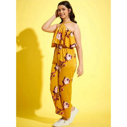 Generic Girl's Polyester Crepe Floral Sleeveless Jumpsuit (Mustard)